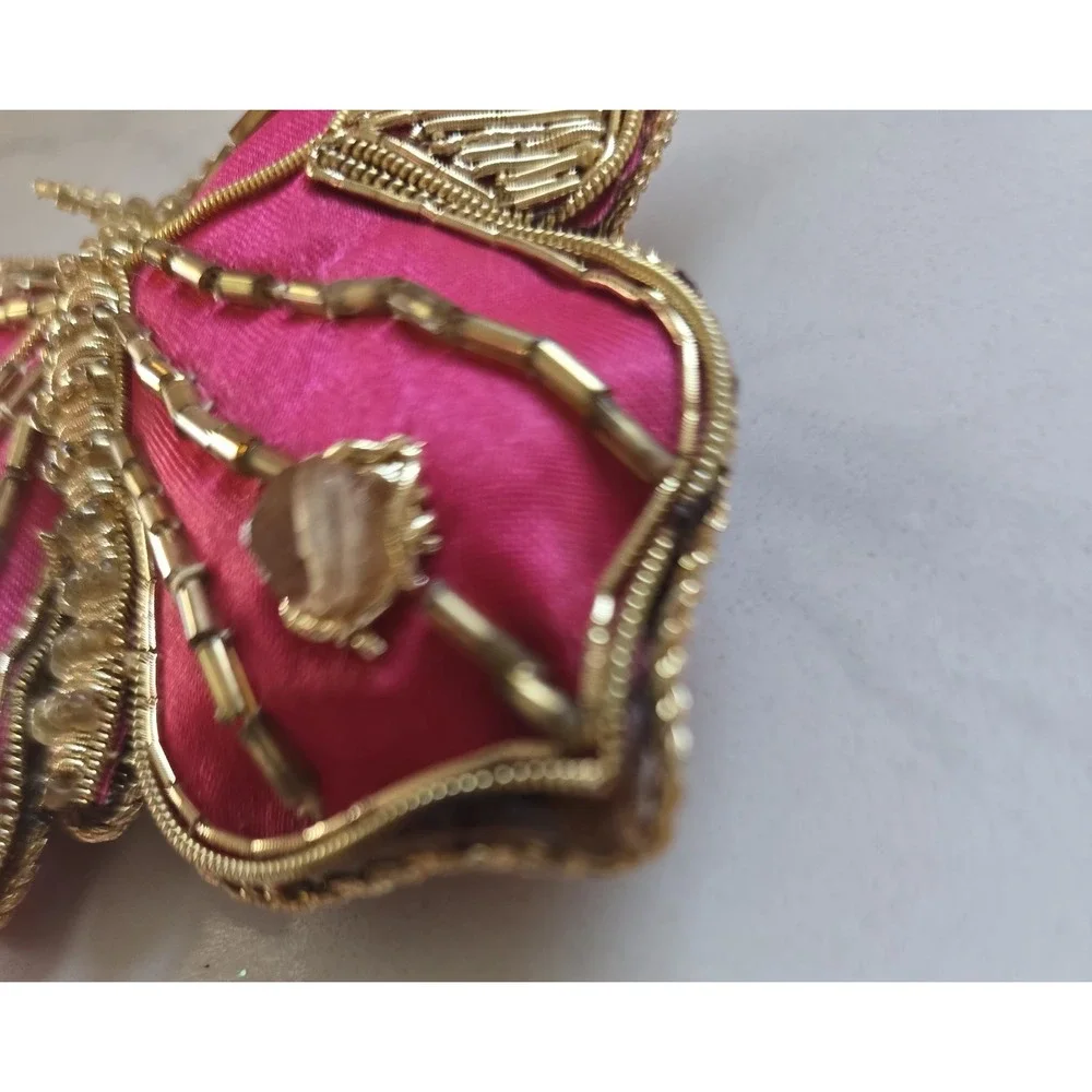 Vtg Butterfly Christmas Ornaments Decorative Pink‎ Gold Thread Beaded Set Of 2